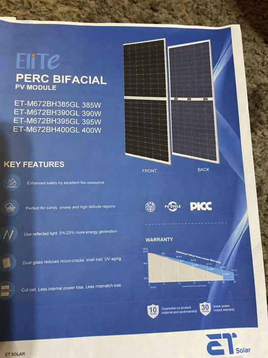 Solar panel ET solar 385 watt front 288watt back  bifacel solar panels cells on front and back mono half cells 144 Hal’s cells front and back - Southwest solar supply