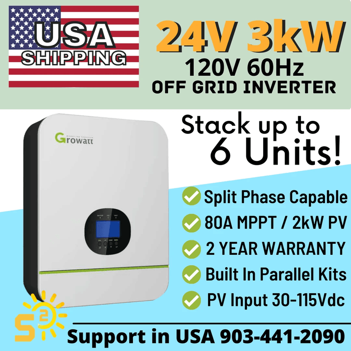 3kW 24V 150VDC 80A Off-Grid Inverter by Growatt - Southwest solar supply